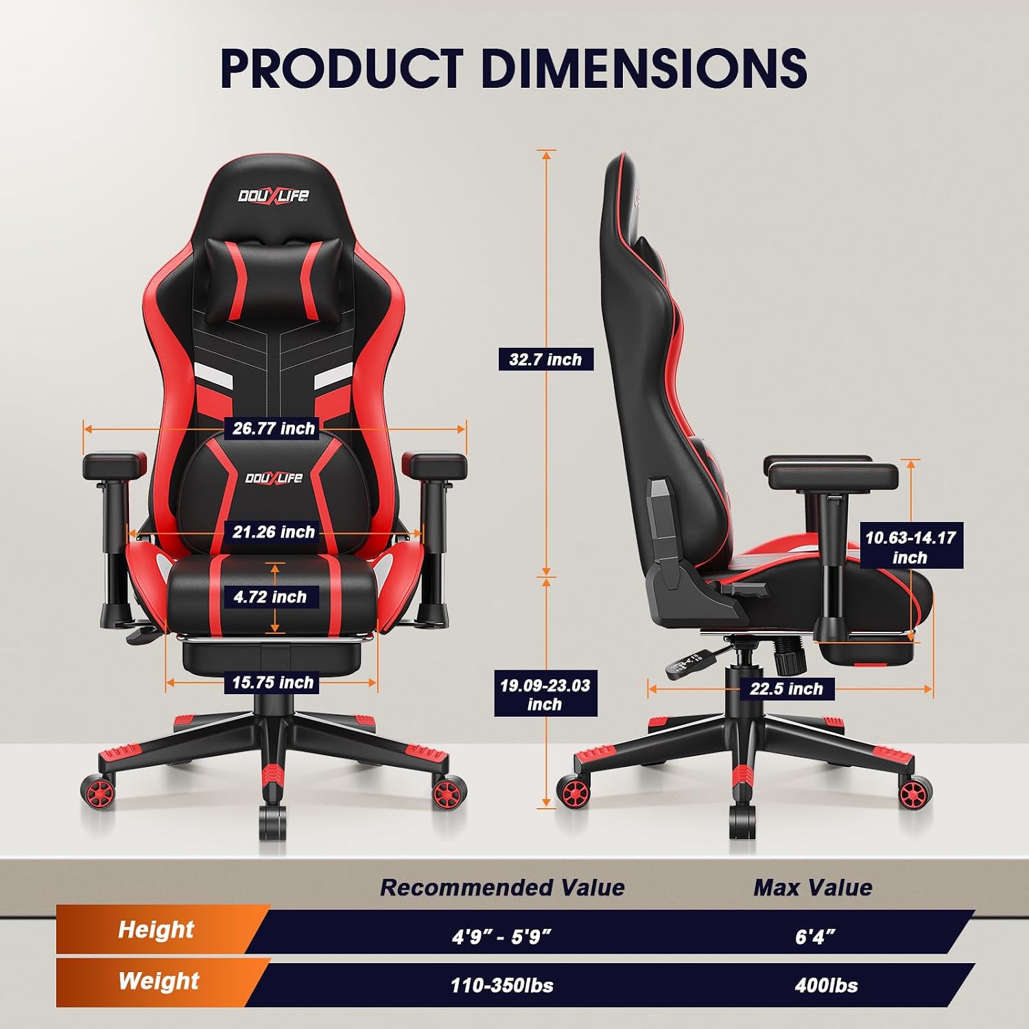Douxlife 3D Kneading Massage Gaming Chair with Footrest, 400lbs Heavy Duty PC Computer Desk Chair for Adults, Adjustable 2D Armrests, Ergonomic 175° Recline & Optional Heat, Black&Red