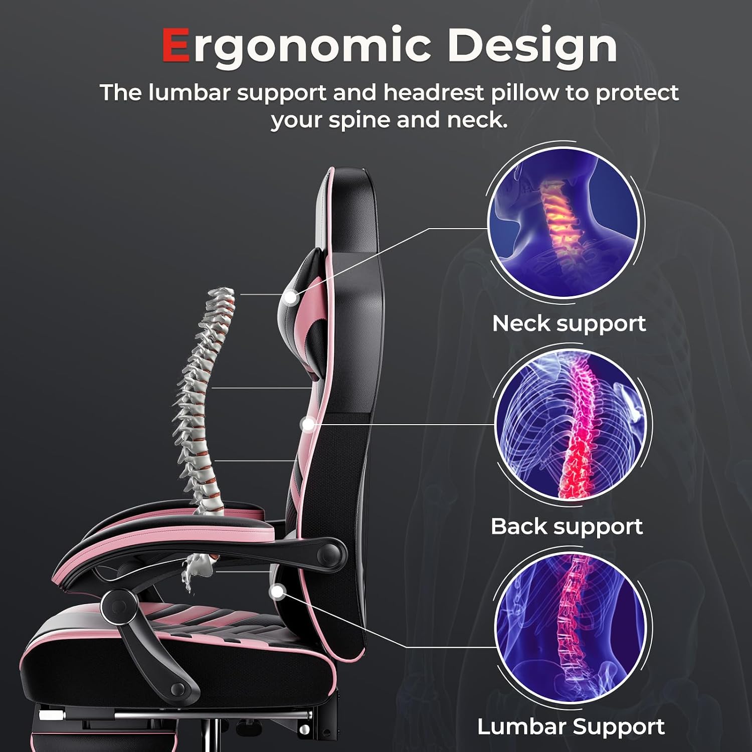 POWERSTONE Gaming Chair Video Game Chair with Footrest and Lumbar Support Racing Style PU Leather Computer Chair Ergonomic Adjustable Swivel Task Chair Pink