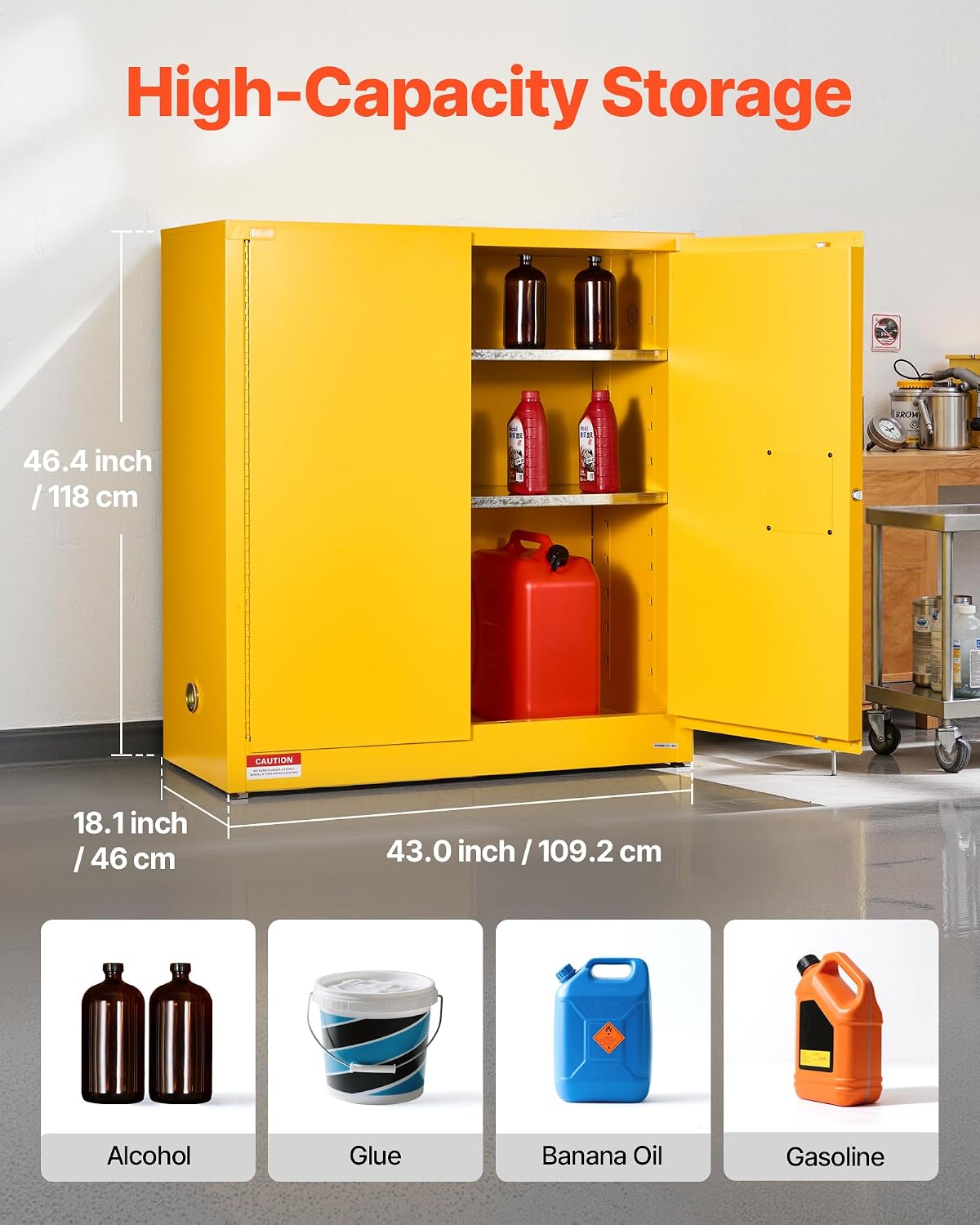 VEVOR Flammable Cabinet 18' x 43' x 46', 29 Gallon Flammable Storage Cabinet with Adjustable Shelf, Cold-Rolled and Galvanized Steel Fire Cabinets, for Commercial Industrial Home Use, Yellow