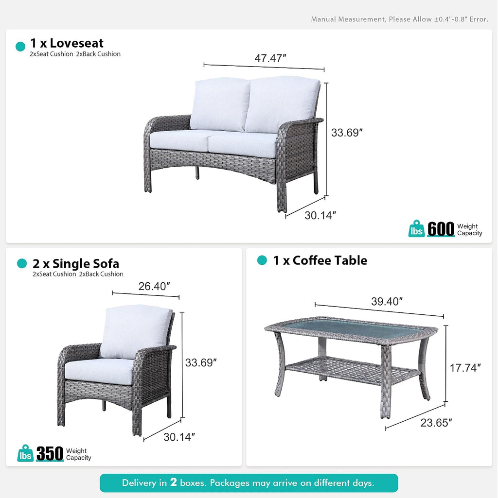 4 Pieces Wicker Patio Furniture - All-Weather PE Wicker Outdoor Conversation Bistro Set Loveseat Chairs with Table,Outdoor Rattan Sofa Chairs High Back Deep Seating,Light Grey