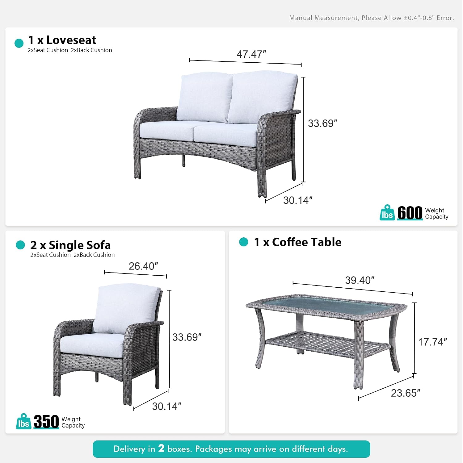 4 Pieces Wicker Patio Furniture - All-Weather PE Wicker Outdoor Conversation Bistro Set Loveseat Chairs with Table,Outdoor Rattan Sofa Chairs High Back Deep Seating,Light Grey