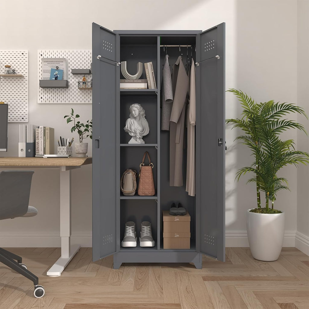Broom Closet Storage Cabinet, Steel Locking Cabinet with Hanging Rod, 65' Cleaning Storage with Doors and Hooks, Tall Broom Tool Cabinets for Office, Garage