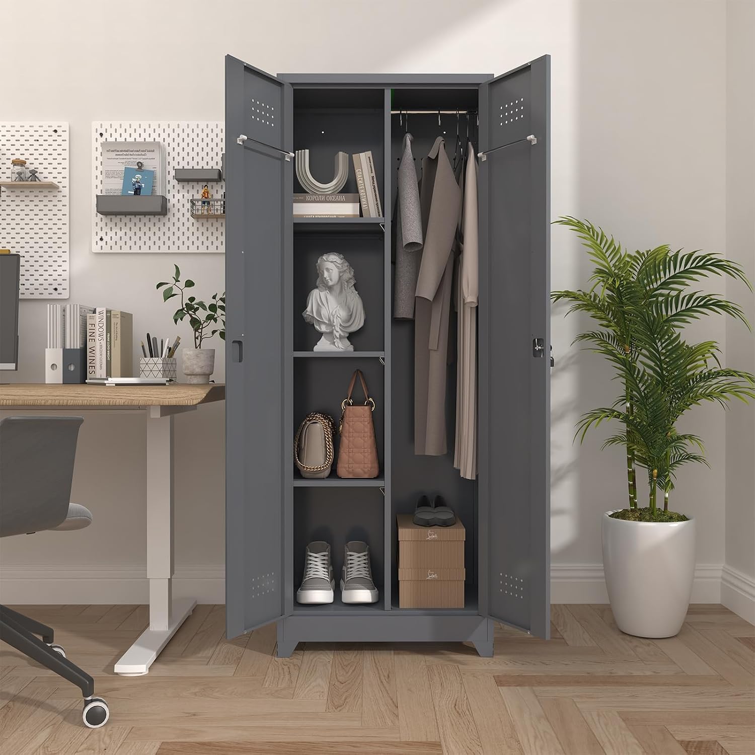 Broom Closet Storage Cabinet, Steel Locking Cabinet with Hanging Rod, 65' Cleaning Storage with Doors and Hooks, Tall Broom Tool Cabinets for Office, Garage