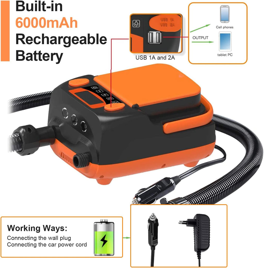 Rechargeable Sup Air Pump Electric Portable, 16PSI 12V with Battery, Stand Up Paddle Board Electric Pump Inflator/Deflator-Portable Air Compressor for Paddle Boards,Boat,Kayak