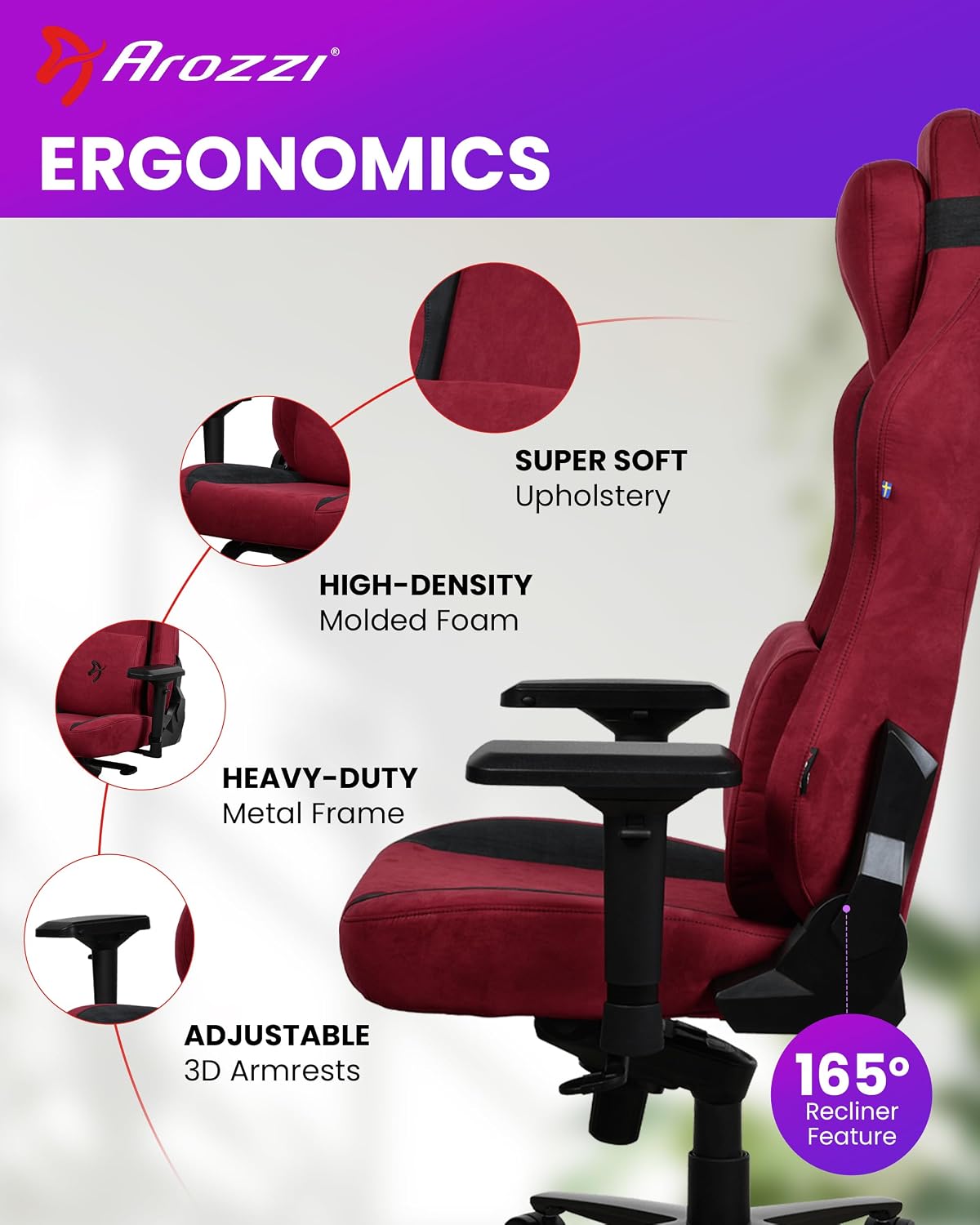 Arozzi Vernazza Supersoft Upholstery Material has a Unique Velvety Texture That is Fluid-Repellant and Breathable with Memory Foam Lumbar Support and 4D Armrest for Office and Gaming Chair - Bordeaux