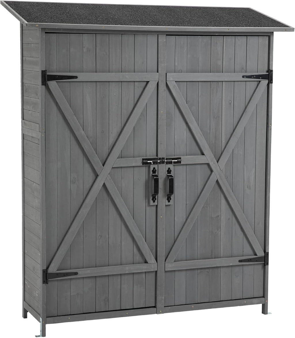 Tmsan Outdoor Storage Cabinet, Outside Wood Shed with Waterproof Roof & Detachable Shelves & Double Locks, Vertical Tool Storage Box for Patio, Garden, Backyard, Grey