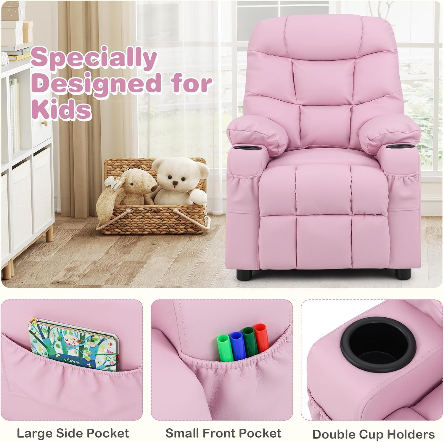 MAT EXPERT Kids Recliner, Leather Adjustable Reading Gaming Chair w/ 2 Cup Holder, 3 Side Pocket Storage & Footrest, Kids Couch,Toddler Recliner Sofa for Boys Girls, Kids Room Playroom Nursery (Pink)