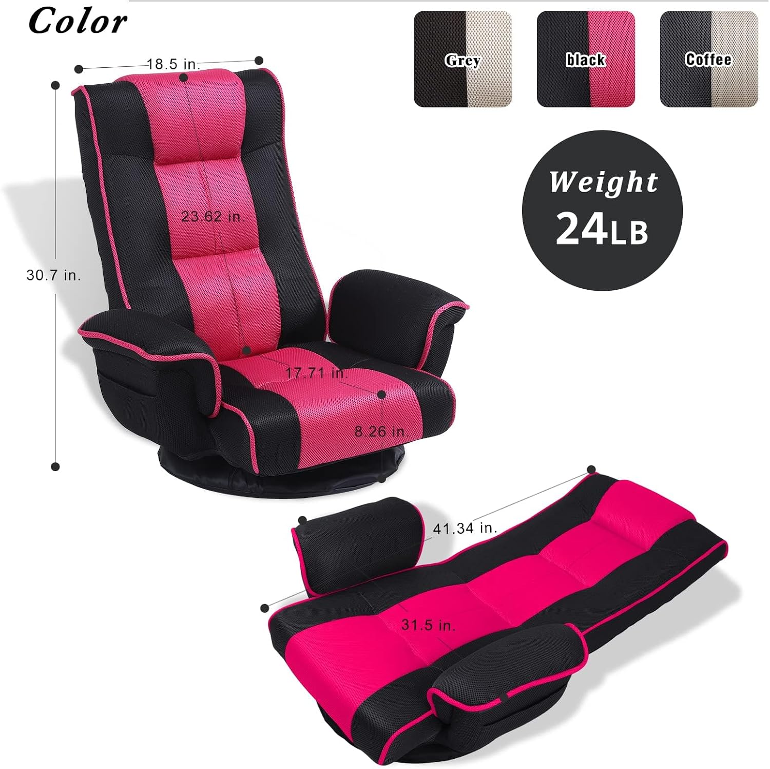 360 Swivel Gaming Floor Chair with Armrest Multi-Angle Folding Floor Chair Padded Backrest Lazy Sofa Lounge Chair for Living Room, Home Office QL201W-US-BK