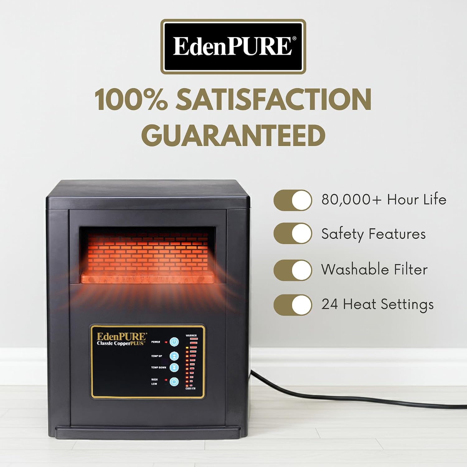 EdenPURE Classic CopperPLUS Infrared Heater — 1500 W Energy-Efficient Zone Heater for Large Rooms up to 1000 sq ft — Quiet Operation, Cool-Touch Safety, Portable Comfort for Home, Bedroom or Office