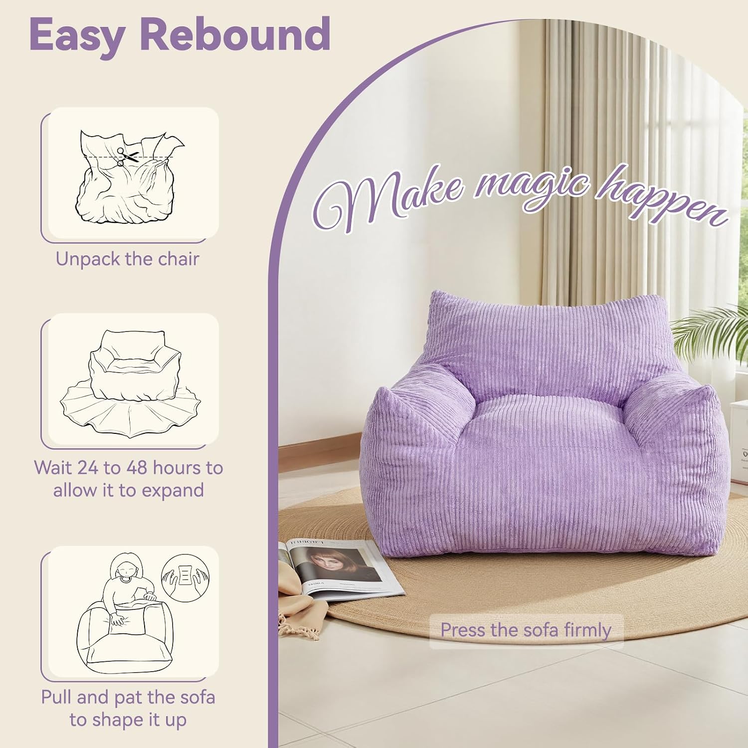 Bean Bag Chair with Ottoman, Oversized Cloud Boneless Couch, Memory Foam Beanbag Set for Adults & Teens, Plush Corduroy Comfy Chair for Bedroom, Dorm, Living Room, Gaming & Reading Nook (Purple)