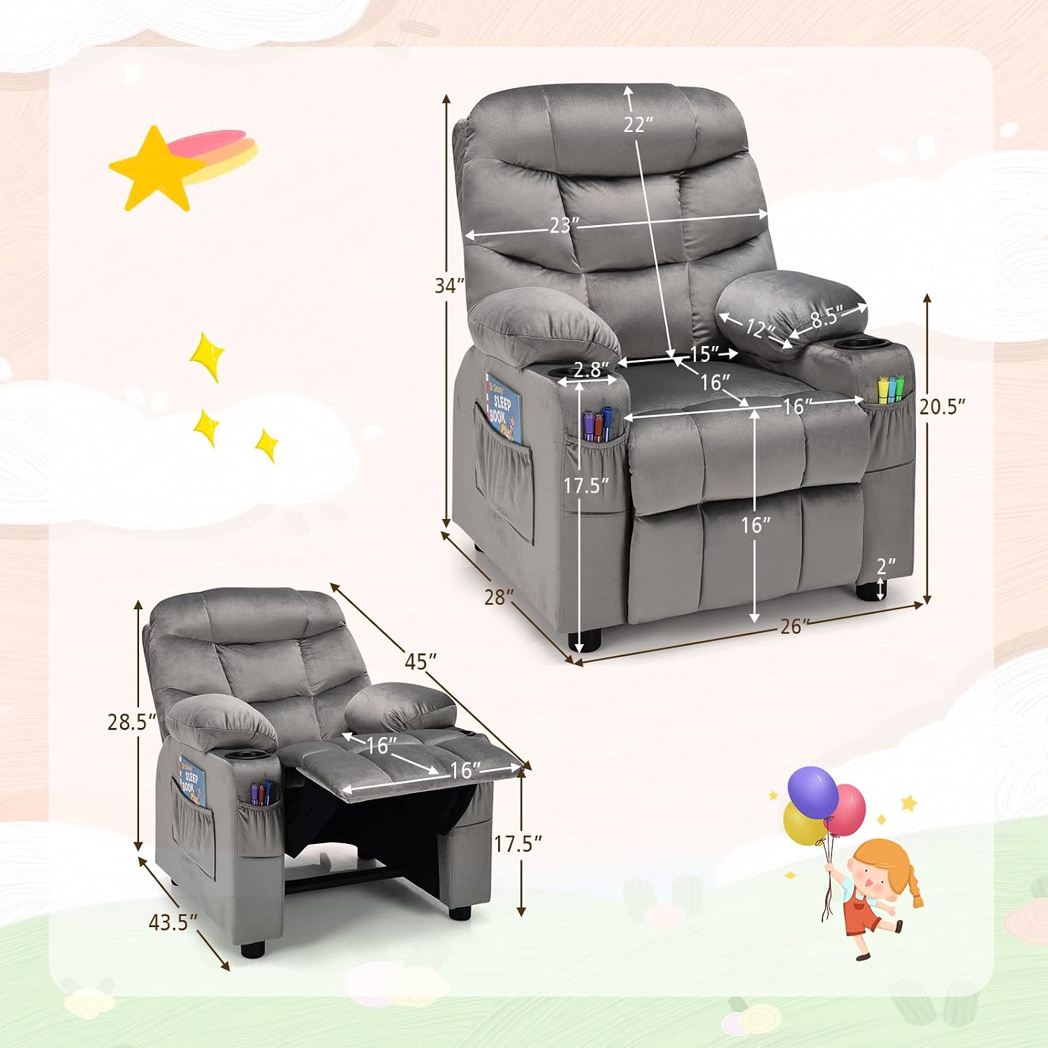 MAT EXPERT Kids Recliner, Velvet Adjustable Reading Chair w/ 2 Cup Holder, 3 Side Pocket Storage & Footrest, Kids Couch Gaming Chair, Toddler Lounge Chair for Boys Girls, Kids Room Playroom (Grey)