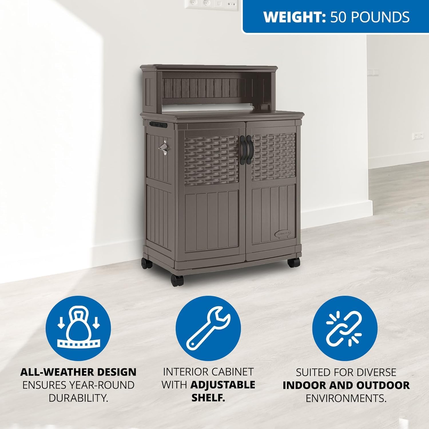 Suncast Patio Plastic Storage and Prep Station with Decorative Wicker Pattern and Multi Wall Panels for Patio, Garden, and Lawn Use, Stoney Gray