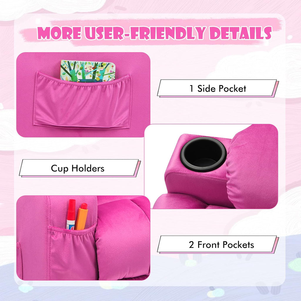MAT EXPERT Kids Recliner, Velvet Adjustable Reading Chair w/ 2 Cup Holder, 3 Side Pocket Storage & Footrest, Kids Couch Gaming Chair, Toddler Lounge Chair for Boys Girls, Kids Room Playroom (Pink)