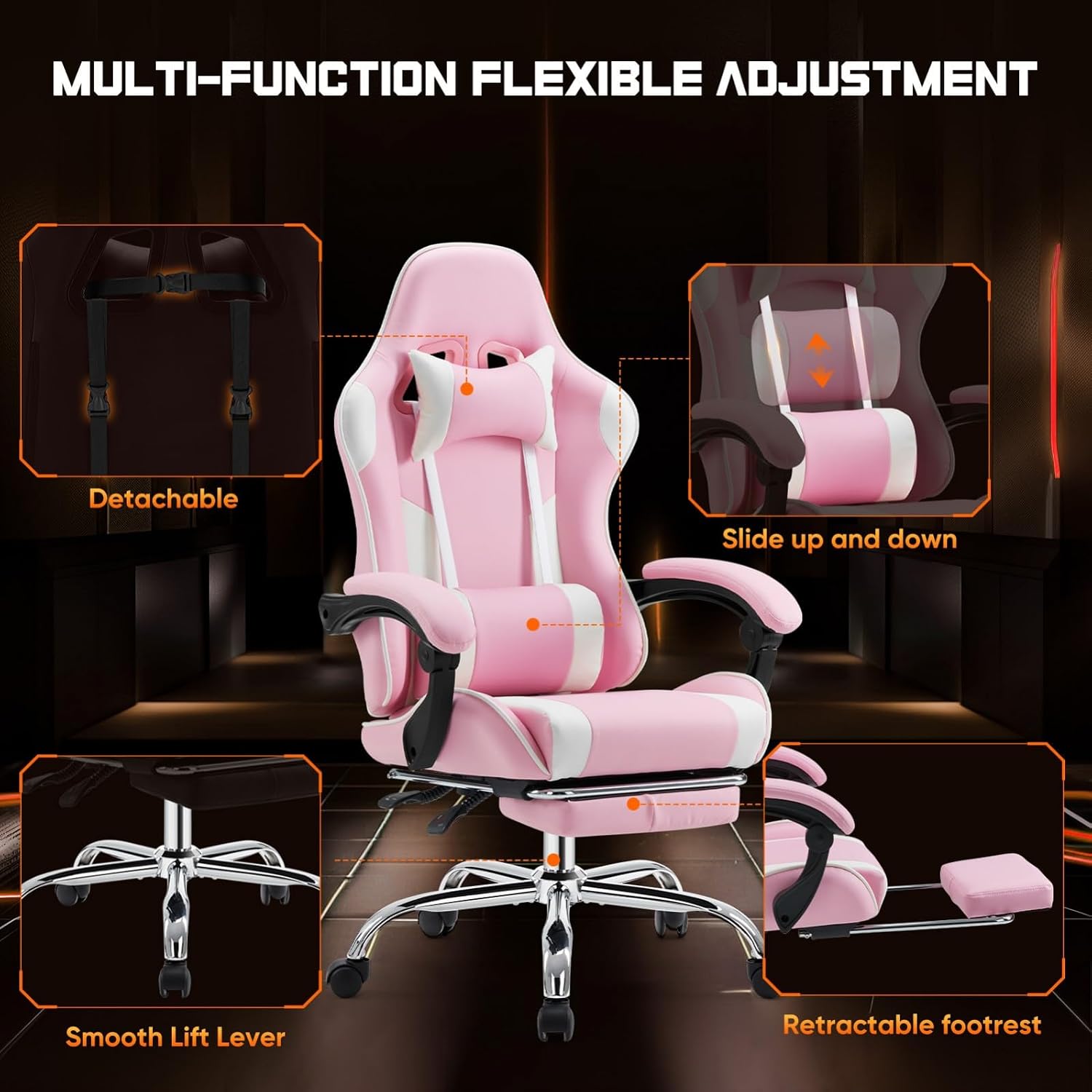 Heavy Duty Gaming Chair, Ergonomic Gamer Chair for Home Office with Footrest, Lumbar Support, Adjustable Backrest, Stable 360° Swivel Wheels for Adults, Professional Gamers and Teens, Pink