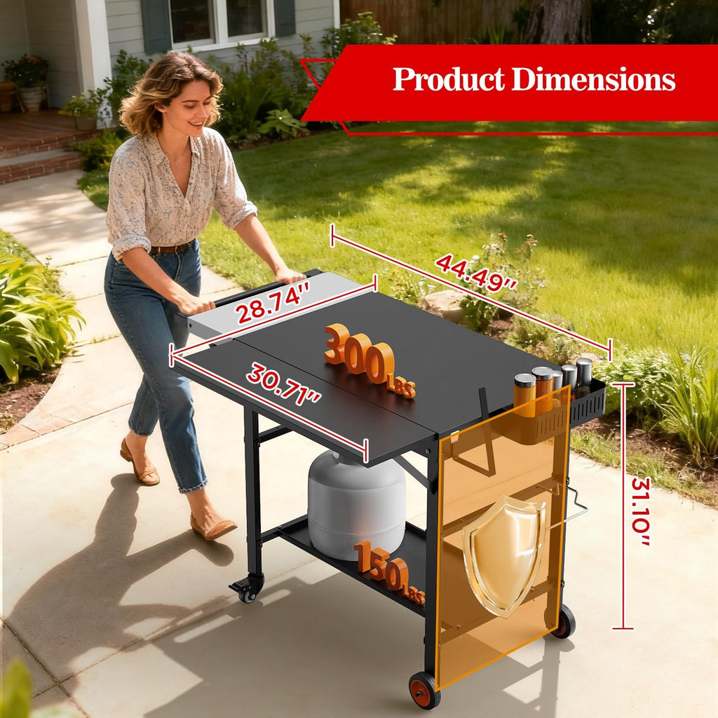 Grill Table for Pizza Ovens, Ninja Pizza Oven Table with Extendable Desk, Durable Outdoor Grill Cart Stand with Food Prep Topping Station for Patio, Backyard,43' L × 27' W