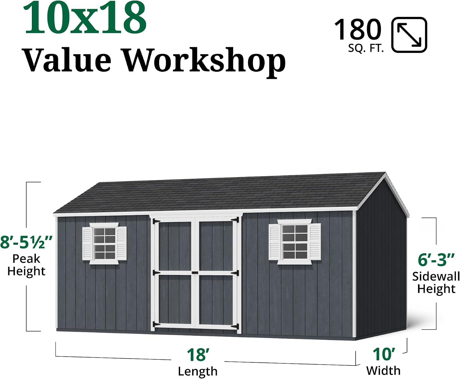 Little Cottage Co. 10x18 Value Workshop Shed with Operable Windows and Floor, Outdoor Wood Storage Do-It-Yourself Precut Kit