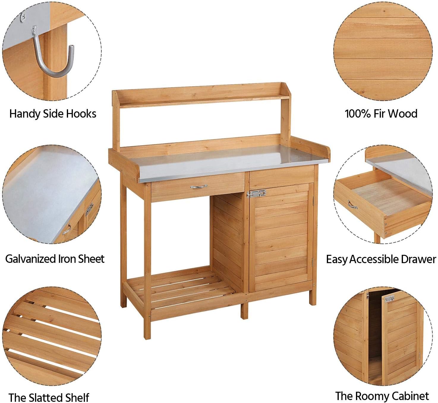 Topeakmart Outdoor Potting Bench Table Work Station Garden Planting with Cabinet & Drawer & Top Shelf & Lower Shelf Natural Wood