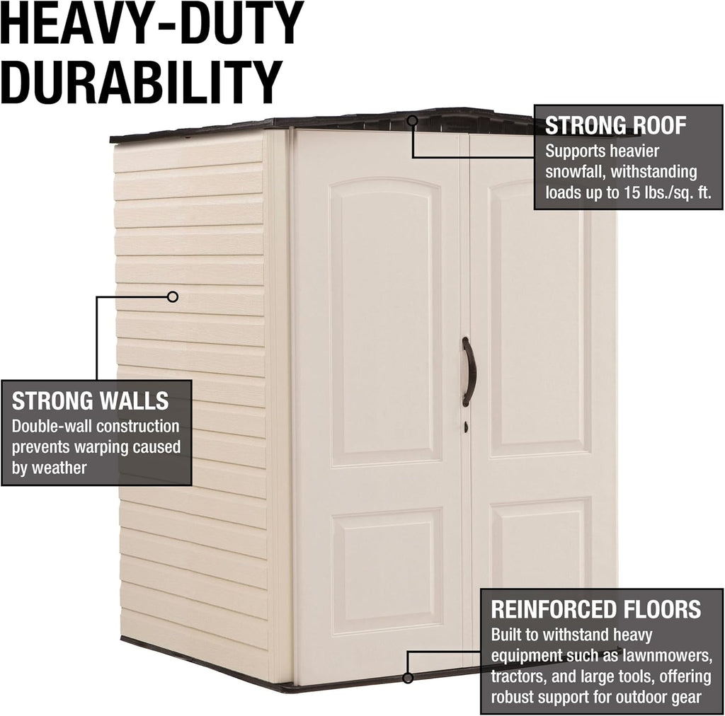 Rubbermaid Medium Vertical Resin Outdoor Storage Shed With Floor (4.3 x 4.6 Ft), Weather Resistant, Beige/Brown, Organization for Home/Backyard/Garden Tools/Lawn Mower/Bike Storage/Pool Supplies