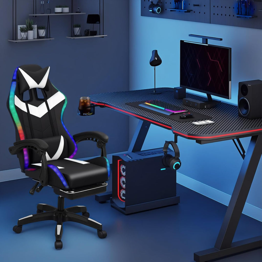BENBOR Gaming Chair,Office Massage Computer Chair with Bluetooth Speaker,RGB LED Lights,Adjustable Height Swivel Task Chair with Footrest Lumbar Support,Video Game Chair for Adults (White)