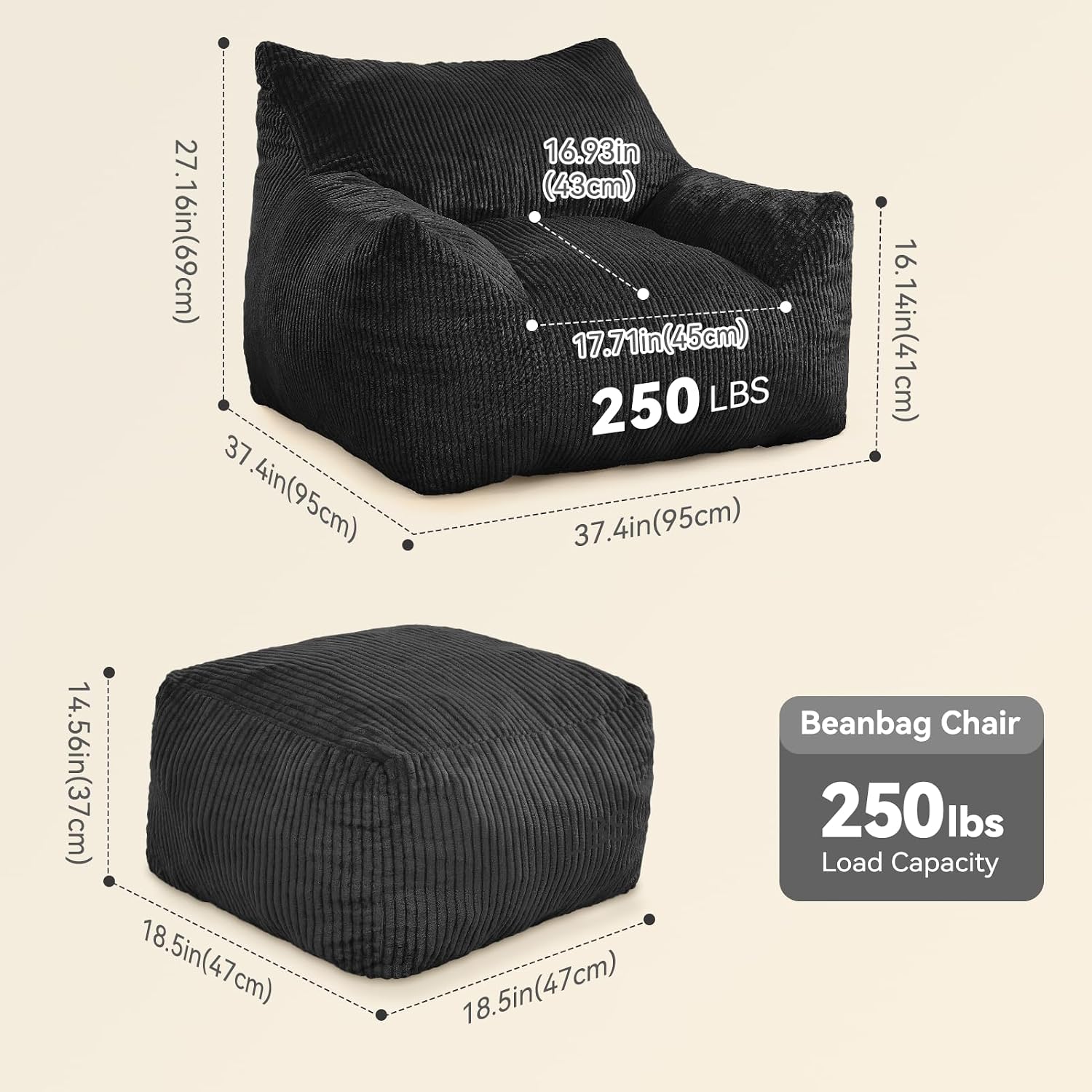 INMOZATA Memory Foam Bean Bag Chair with Ottoman, Oversized Plush Corduroy Cloud Couch, Beanbag Set for Adults & Teens, Comfy Lounge Sofa Gift for Bedroom, Dorm & Reading Nook (Black)