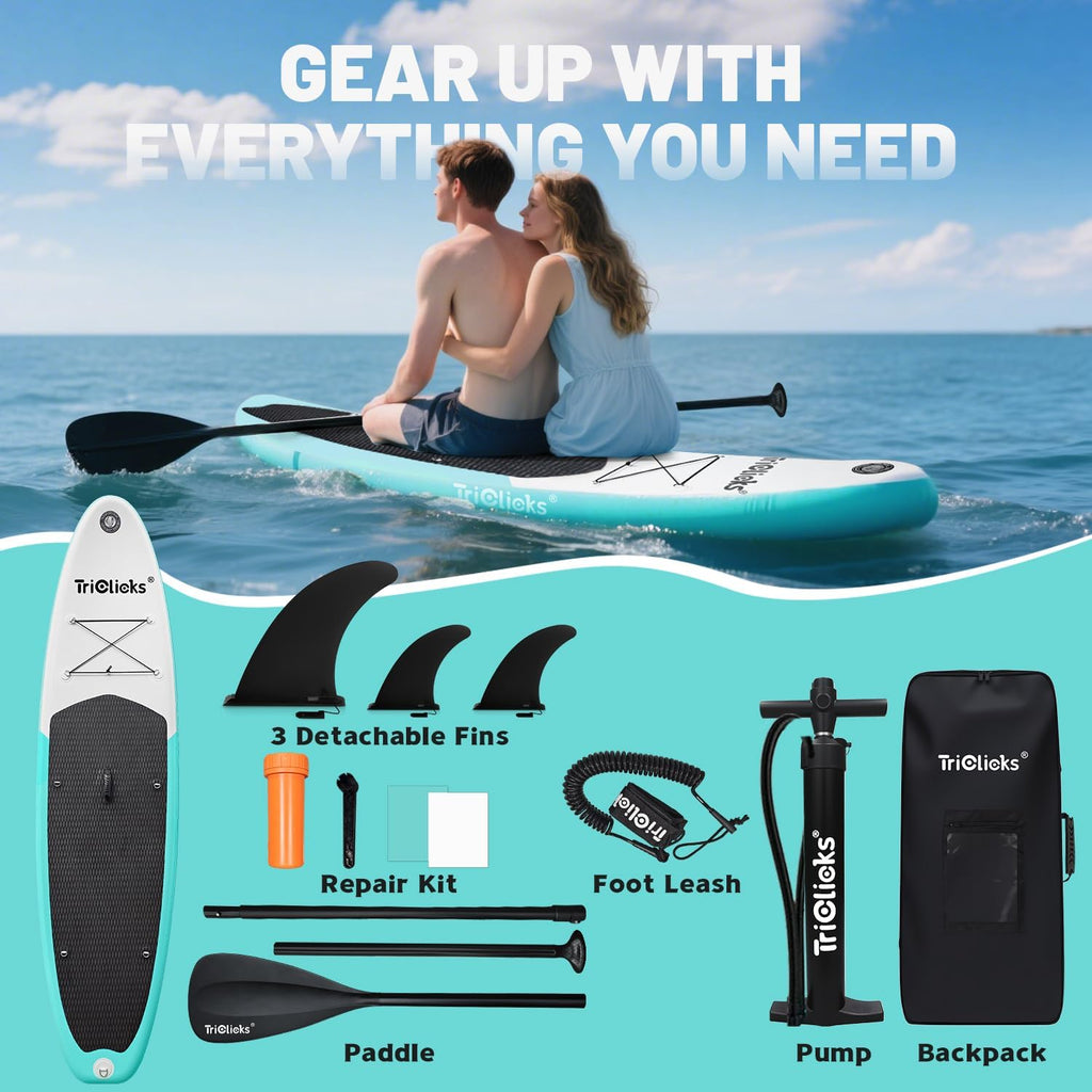 Triclicks Inflatable Stand Up Paddle Board 10ft Surfing Board Kit for Adults, Premium SUP Complete Kit with Adjustable Paddle Hand Pump Fin Leash Backpack