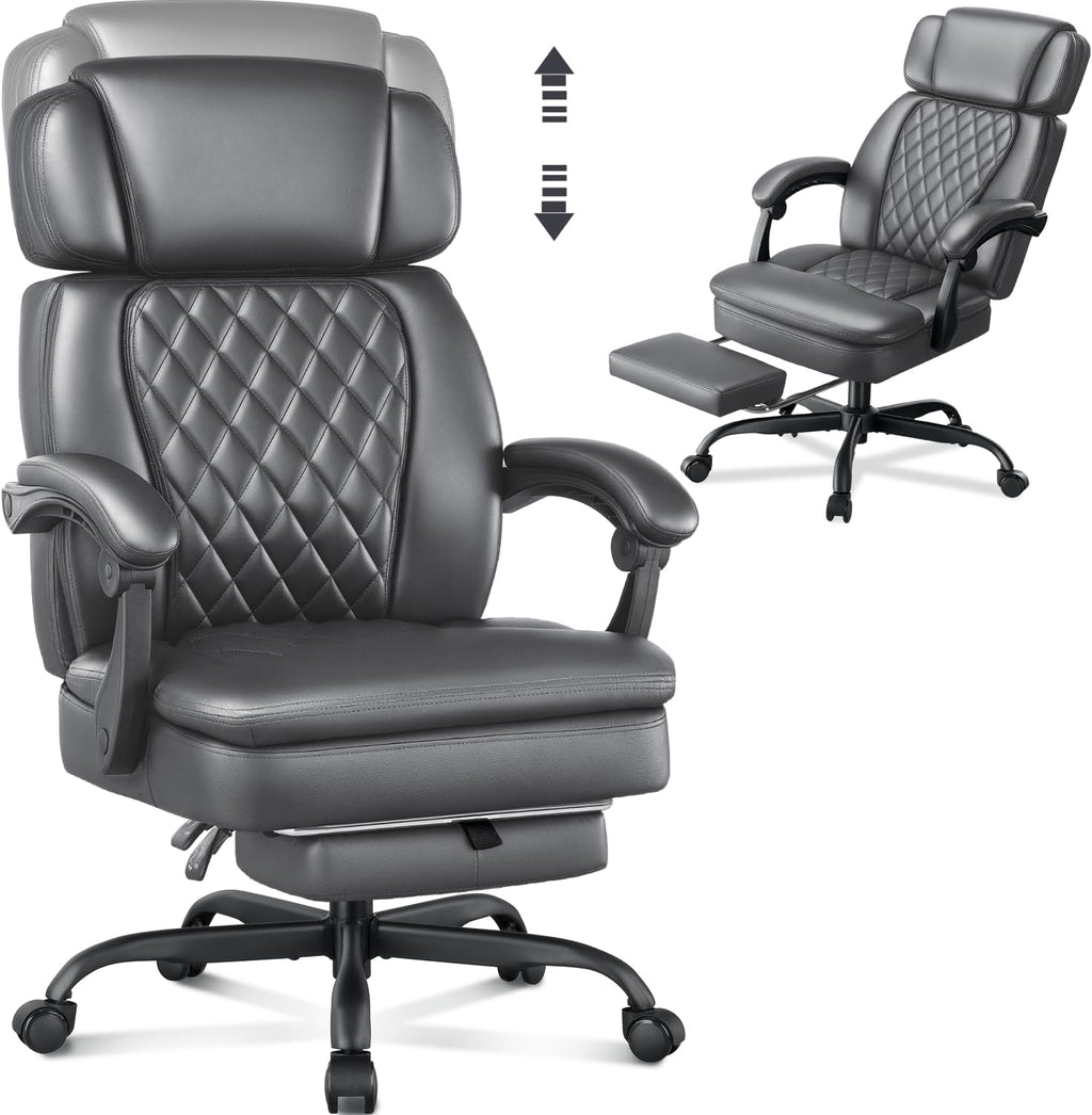 400lbs Executive Office Chair with Foot Rest for Heavy People, Ergonomic Big and Tall Desk Chair with Adjustable Headrest, High Back PU Leather Comfy Heavy Duty Computer Chair with Spring Cushion