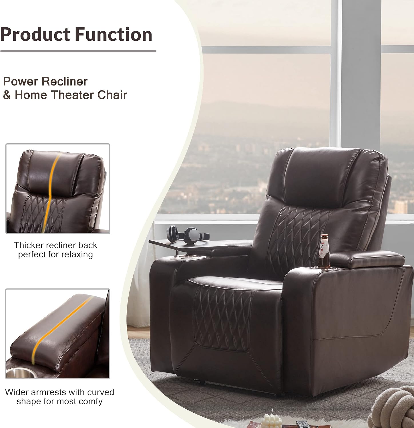 P PURLOVE Power Motion Recliner Chair for Home, PU Recliner Chair with USB Charging Port and Hidden Arm Storage 2 Convenient Cup Holders, Home Theater Seating with 360° Swivel Tray Table (Brown)