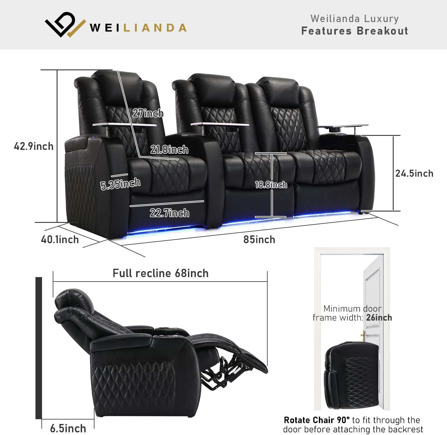 Weilianda Home Theater Seating Top Grain Leather Zero Gravity Recliner Chair Power Headrest Recline Movie Seat Gaming 7 Colors Mood Light Sofa with Tray Table USB Charge Row of 3 Loveseat Right Black