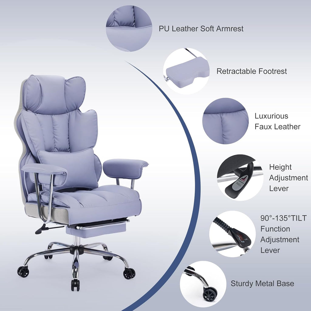 Efomao Executive Office Chair for Heavy People, High Back Computer Chair with Foot Rest, Height Adjustable PU Leather Office Chair,Big and Tall Office Chair (Purple)