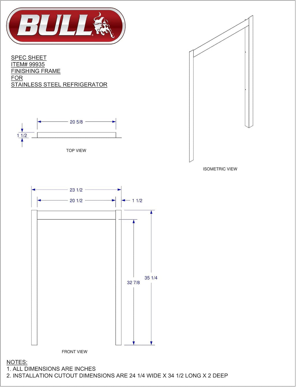 Bull Outdoor Products 99935 Refrigerator Frame, Stainless Steel 23.5' x 35.25'