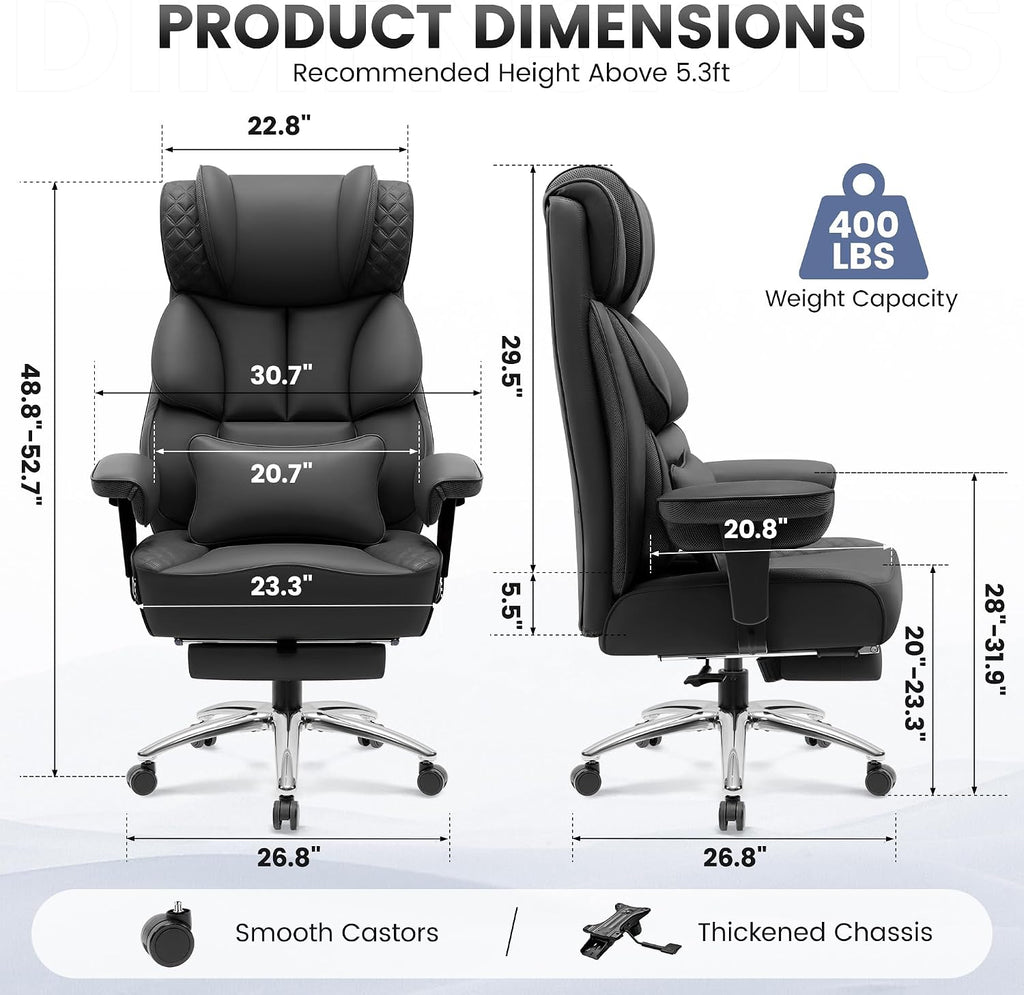 BestGlory Office Desk Chair, Big and Tall Leather Gaming Chair with Footrest, Wide Ergonomic Comfy Executive High-Back Reclining Computer Chairs, Swivel Rolling Wheels and Padded Lumbar Support, Black