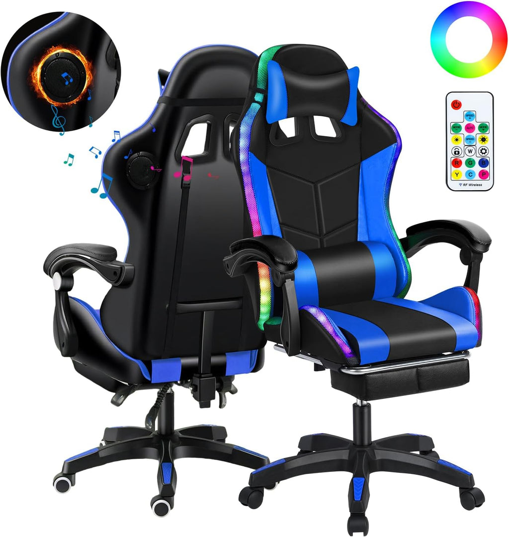 Gaming Chair with Compatible Speakers and RGB LED Lights, Ergonomic Massage Computer Gaming Chair with Height Adjustable, Video Game Chair High Back with Lumbar Support (Black Blue)