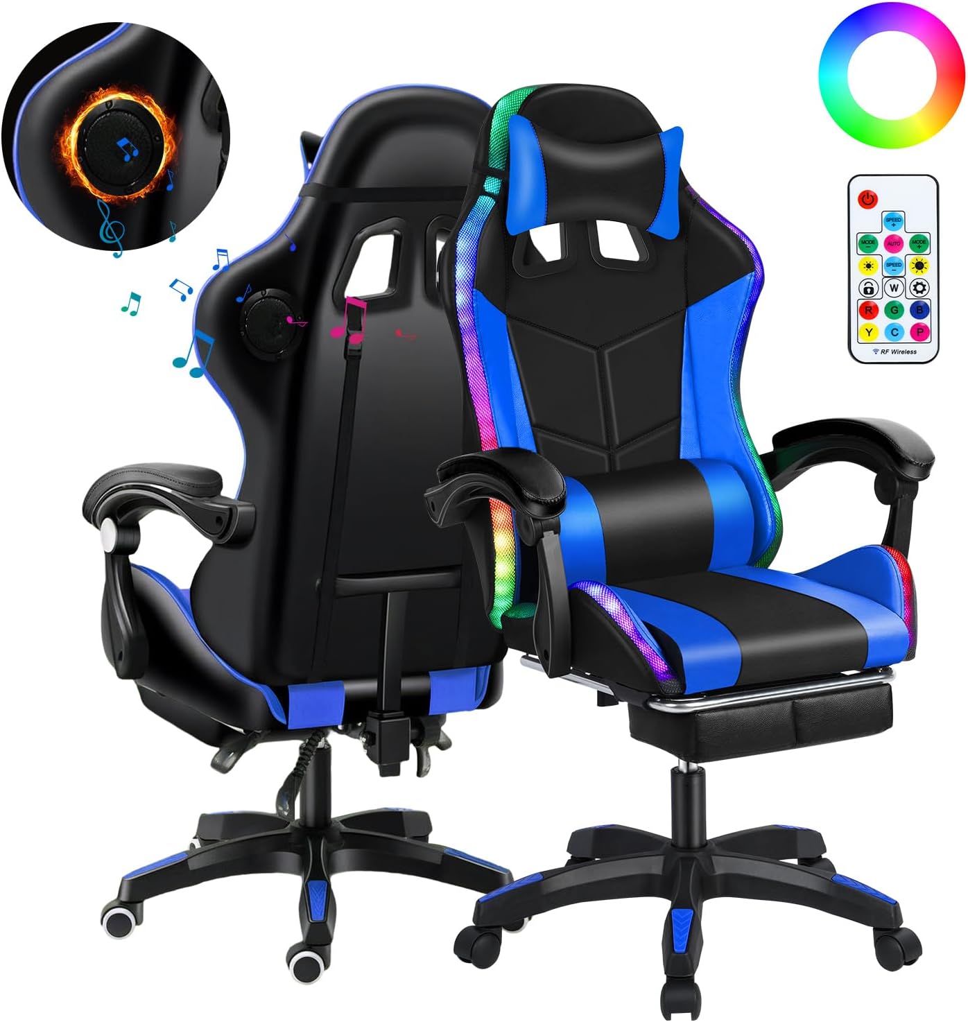 Gaming Chair with Compatible Speakers and RGB LED Lights, Ergonomic Massage Computer Gaming Chair with Height Adjustable, Video Game Chair High Back with Lumbar Support (Black Blue)