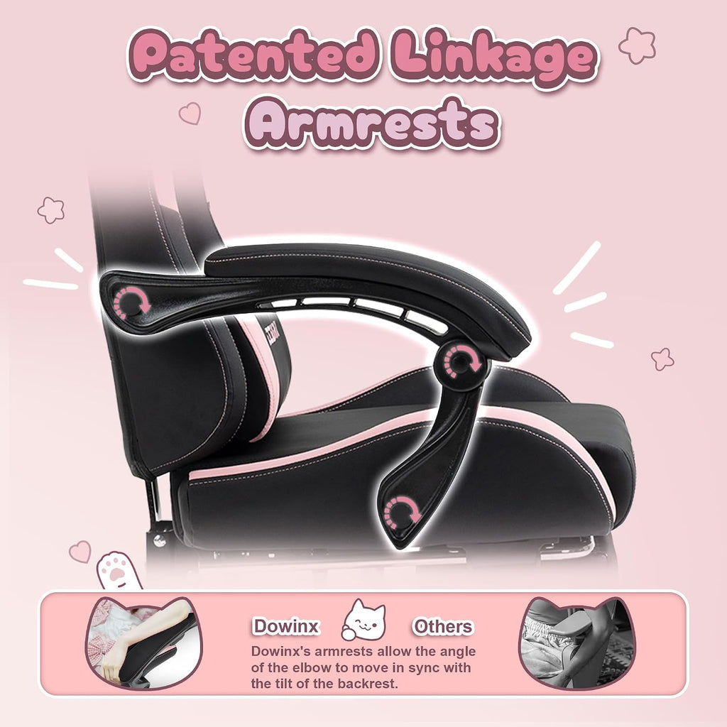 Dowinx Gaming Chair Cute with Cat Ears and Paw Lumbar, Ergonomic Computer Chair for Girl with Footrest and Headrest, Comfortable Reclining Game Chair 292lbs for Adult, Teen, Black