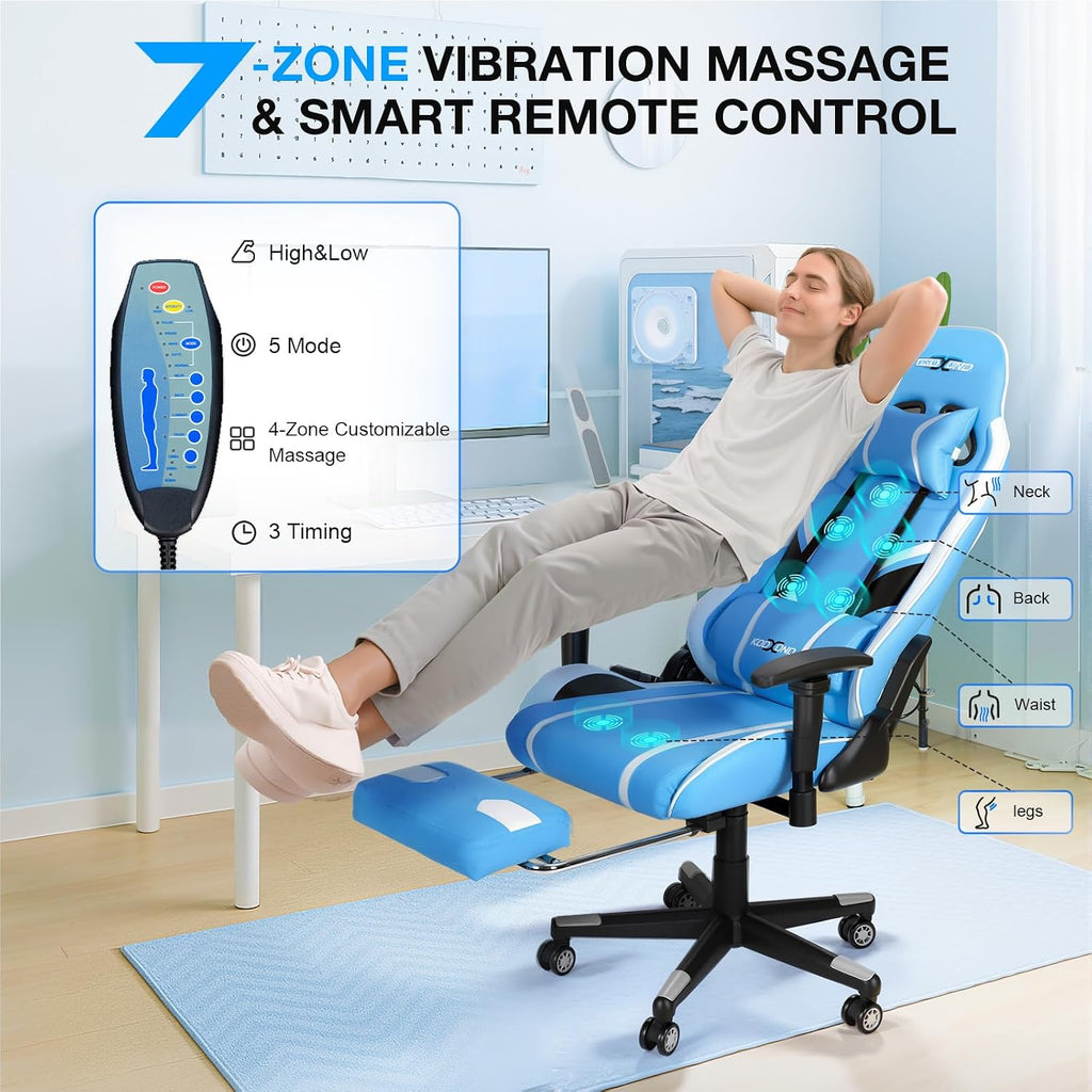 Douxlife 7-Point Massage Gaming Chair with Footrest, 400lbs Heavy Duty Ergonomic Computer Chair, 175° Reclining High Back Racing Seat for Adults with Adjustable Armrests & Lumbar Support, Bule White