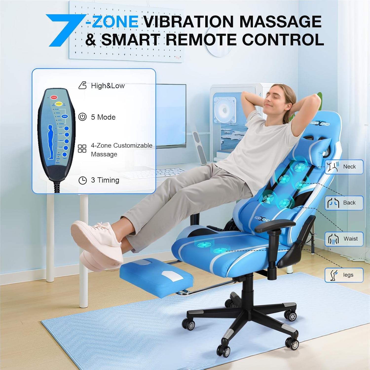 Douxlife 7-Point Massage Gaming Chair with Footrest, 400lbs Heavy Duty Ergonomic Computer Chair, 175° Reclining High Back Racing Seat for Adults with Adjustable Armrests & Lumbar Support, Bule White