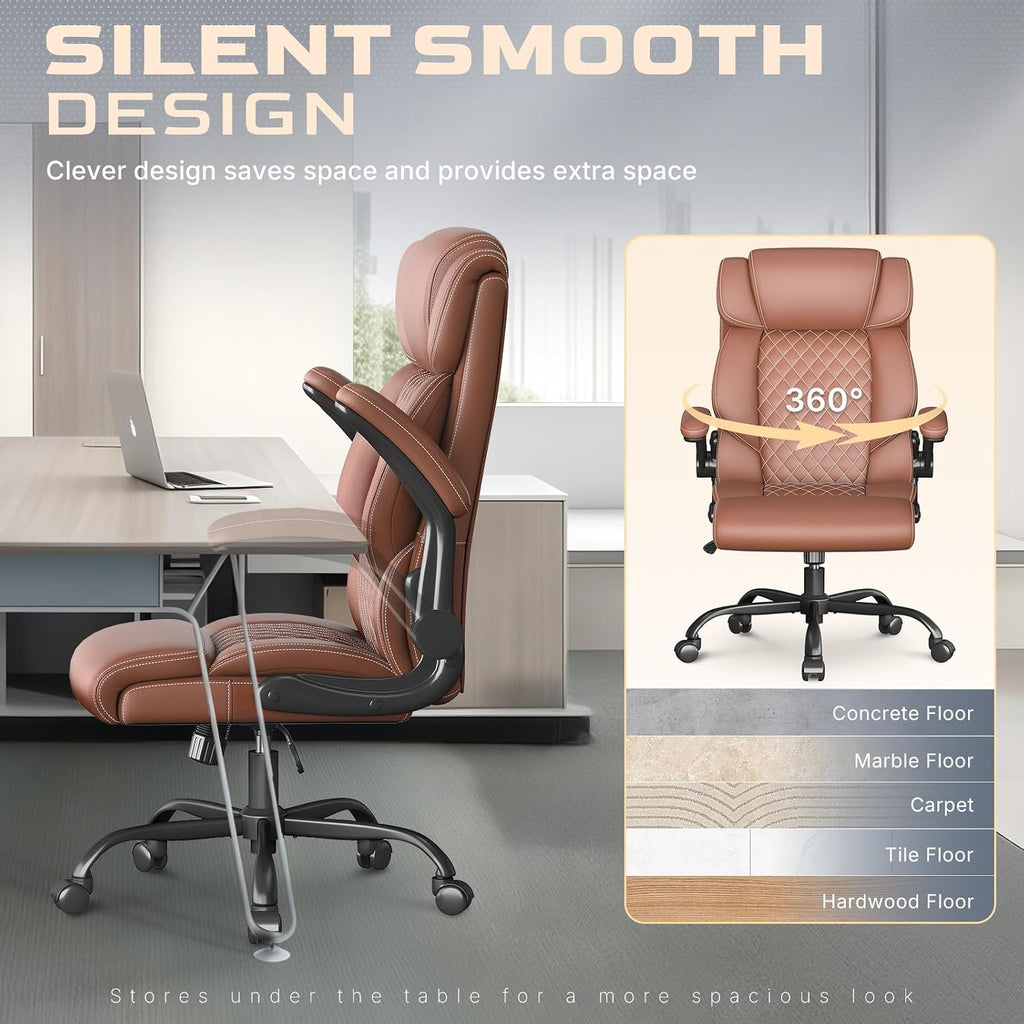 Office Chair-Executive High Back Breathable Comfy Desk Chair with Flip-up Armrests Lumbar Support-Ergonomic Leather Rolling Swivel Chair with Rock Function for Working,2 Pack