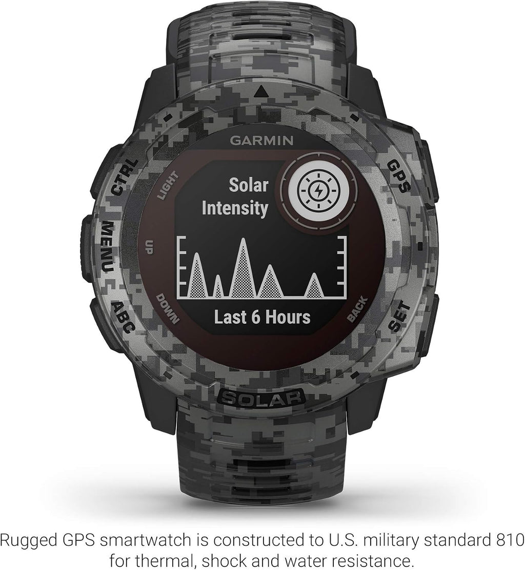 Garmin Instinct Solar, Solar-Powered Rugged Outdoor Smartwatch, Built-in Sports Apps and Health Monitoring, Graphite Camo (Renewed)
