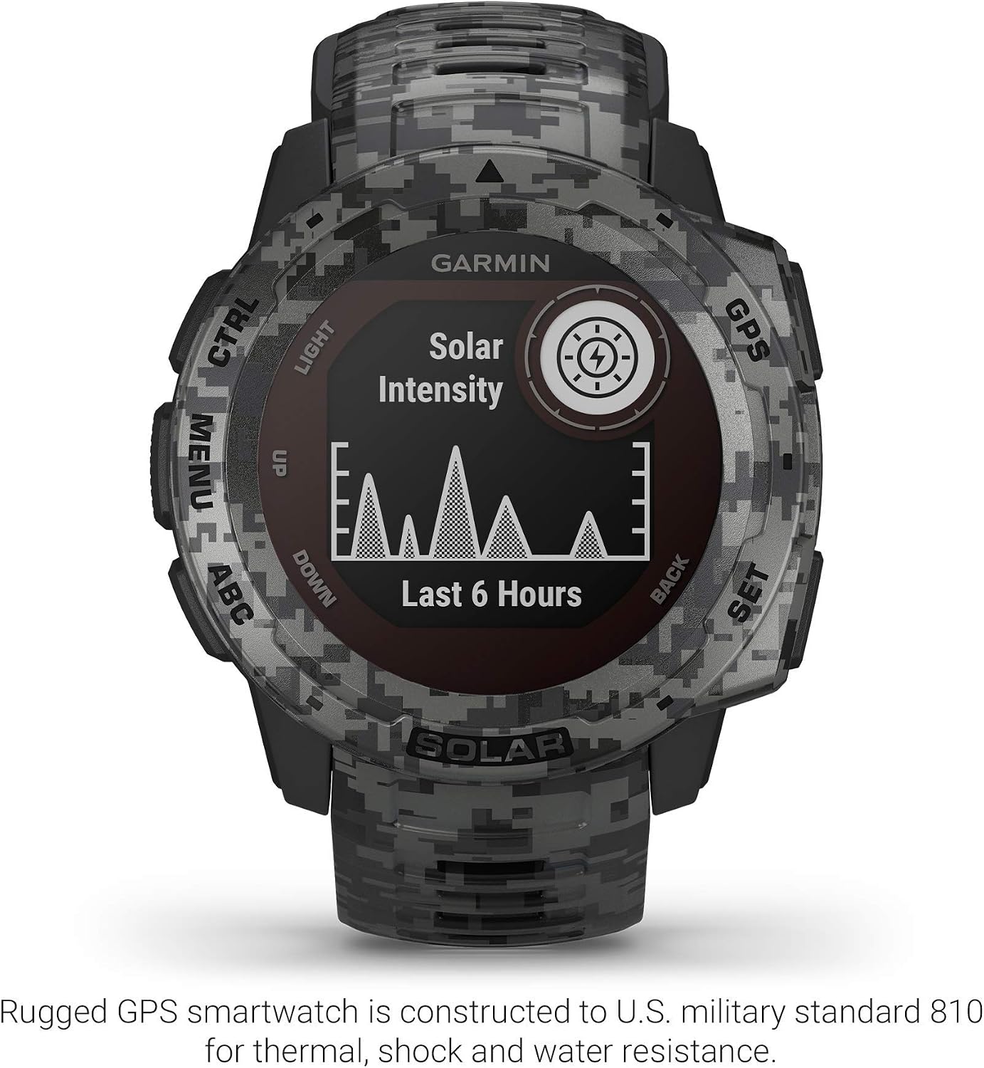 Garmin Instinct Solar, Solar-Powered Rugged Outdoor Smartwatch, Built-in Sports Apps and Health Monitoring, Graphite Camo (Renewed)