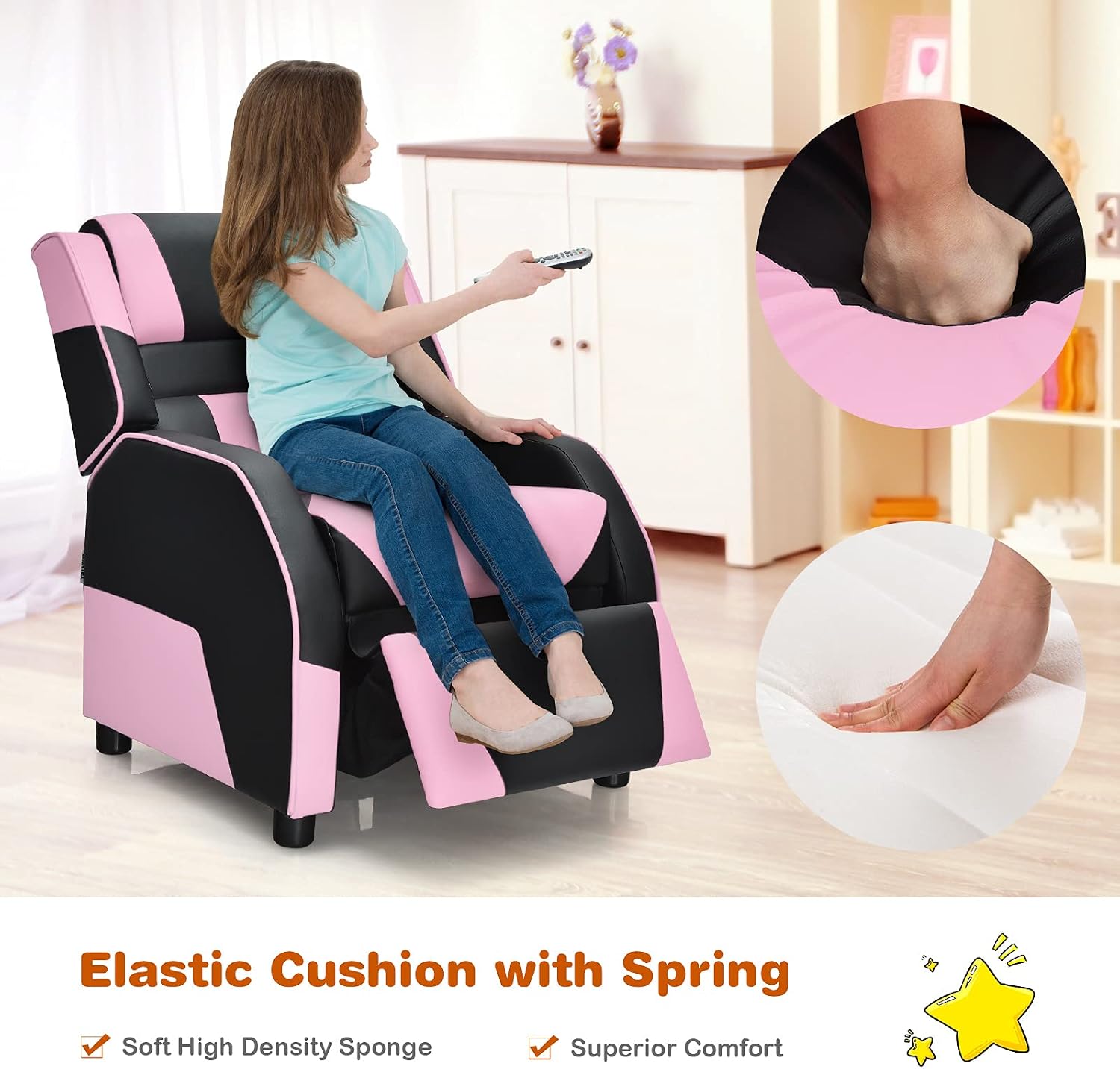 ARLIME Kids Recliner, PU Leather Kid Lounge Chair w/Footrest, Armrest, Headrest & Lumbar Support, Adjustable Gaming Toddler Sofa Armchair for Boys Girls (Pink)