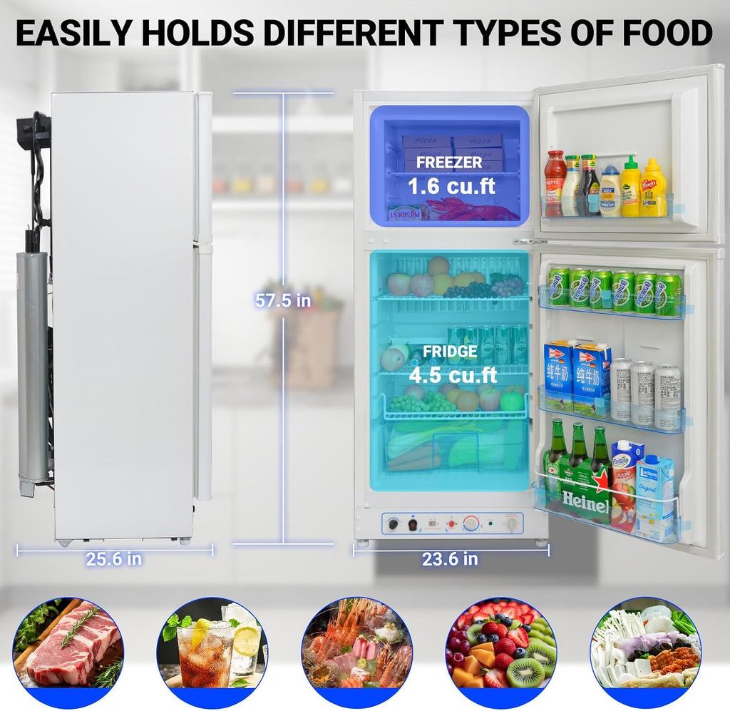 Smad Propane Refrigerator With Freezer 6.1 cu.ft, Off Grid Propane Refrigerator, Gas Fridge, 110V / LPG with Top Freezer, for Garage,RV,Food Truck,Chalets Use, White