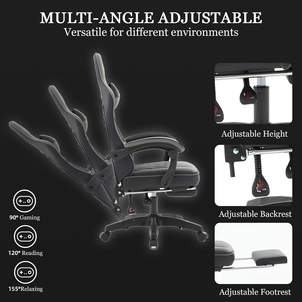 Ergonomic Gaming Chair with Footrest and Lumbar Support, High Back Reclining PU Leather Computer Chair with Headrest and Linkage Armrests, Swivel Height Adjustable Office Gamer Chair for Adults (Gray)