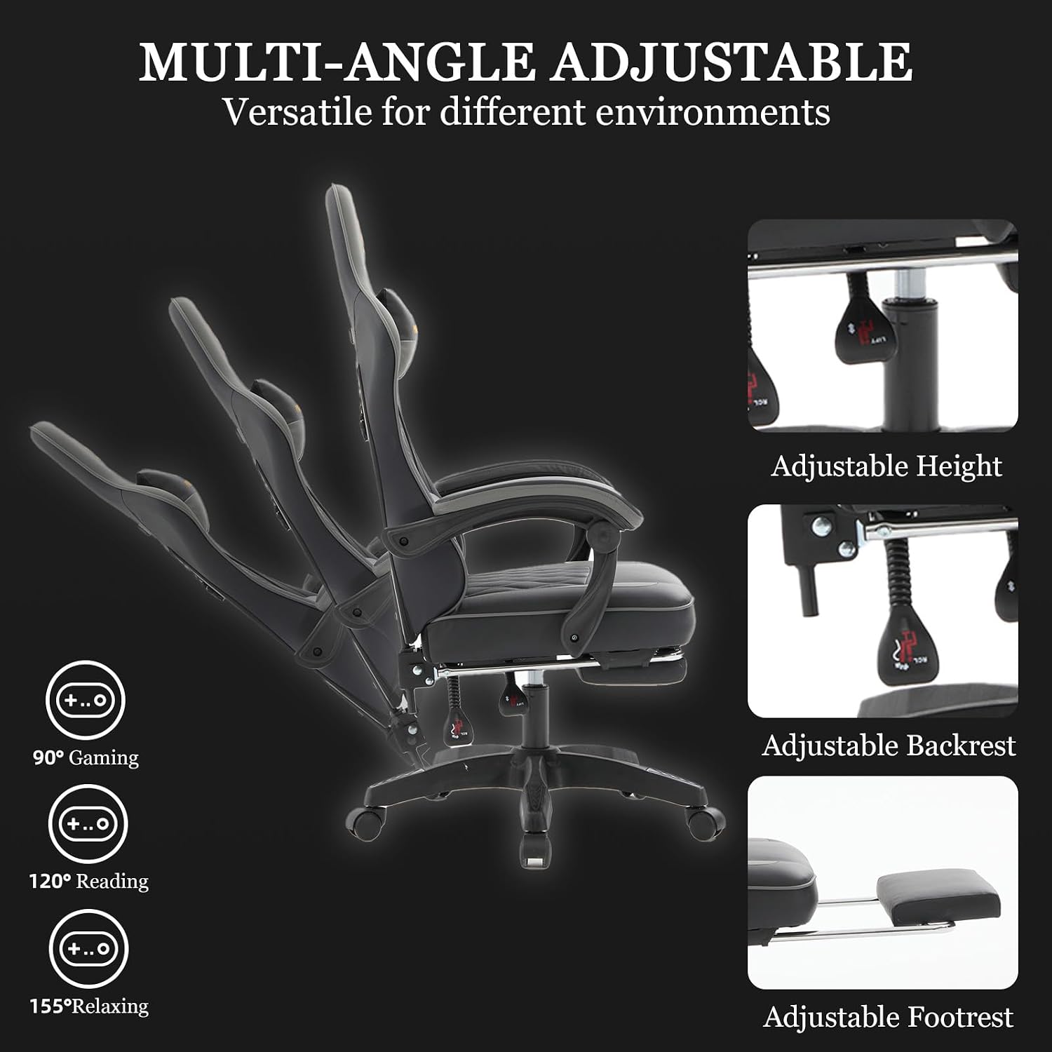 Ergonomic Gaming Chair with Footrest and Lumbar Support, High Back Reclining PU Leather Computer Chair with Headrest and Linkage Armrests, Swivel Height Adjustable Office Gamer Chair for Adults (Gray)