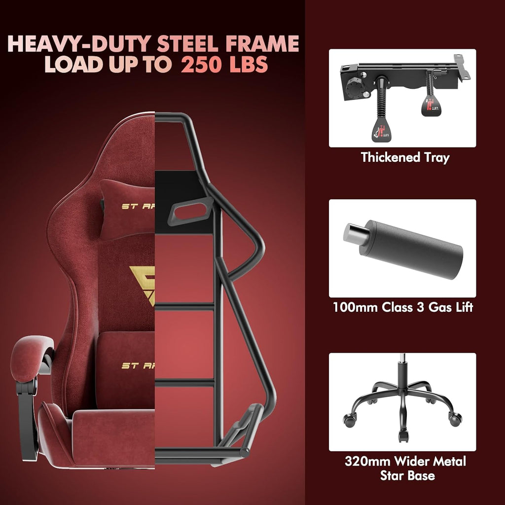 Soontrans Ergonomic Velvet Fabric Gaming Chair with Footrest, Comfortable Video Gamer Chair for Adult, Reclining Ergonomic Office Computer Desk Game Chairs with Massage Lumbar Cushion,Headrest