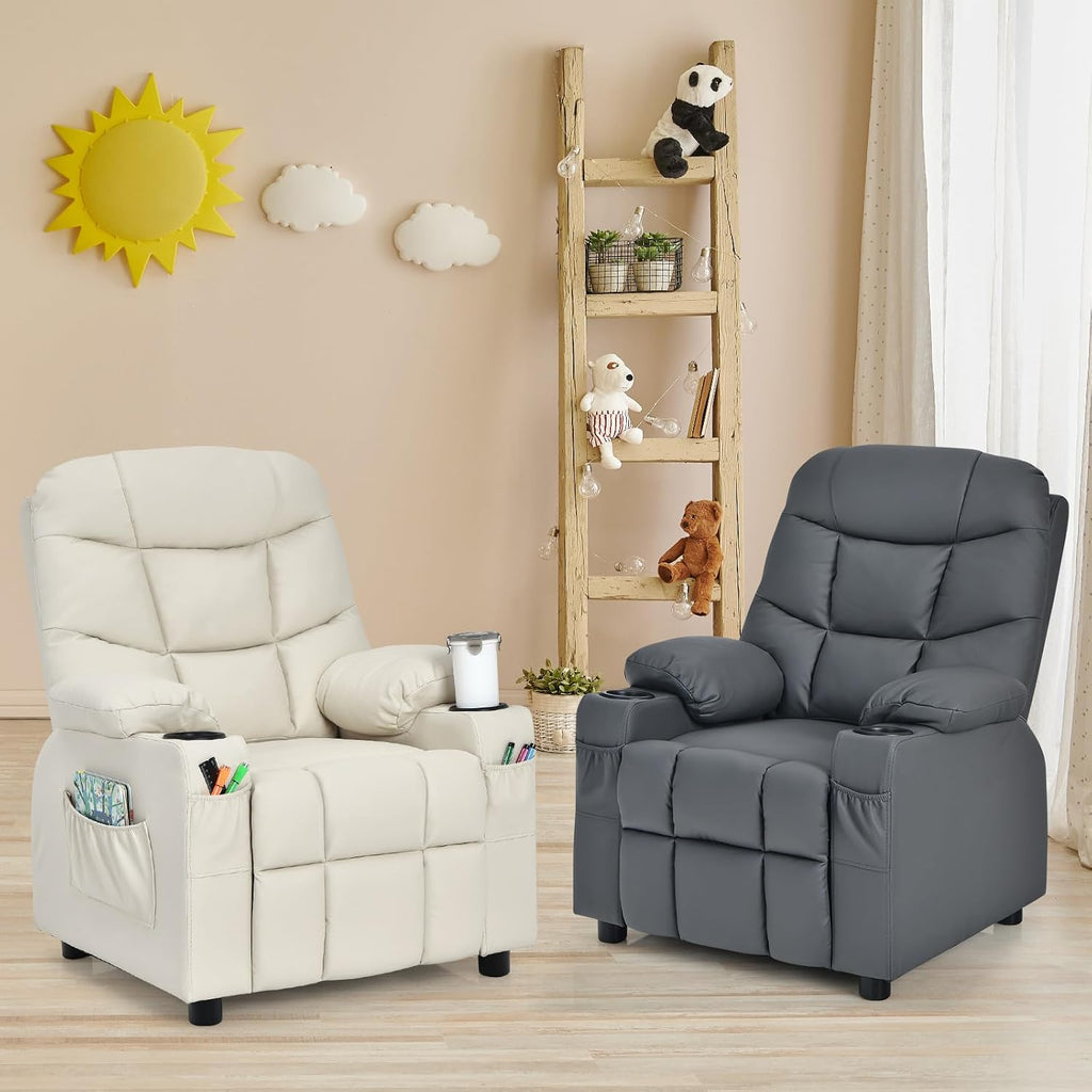 MAT EXPERT Kids Recliner, Leather Adjustable Reading Gaming Chair w/ 2 Cup Holder, 3 Side Pocket Storage & Footrest, Kids Couch Toddler Lounge Chair for Boys Girls, Kids Room Playroom Nursery (Beige)