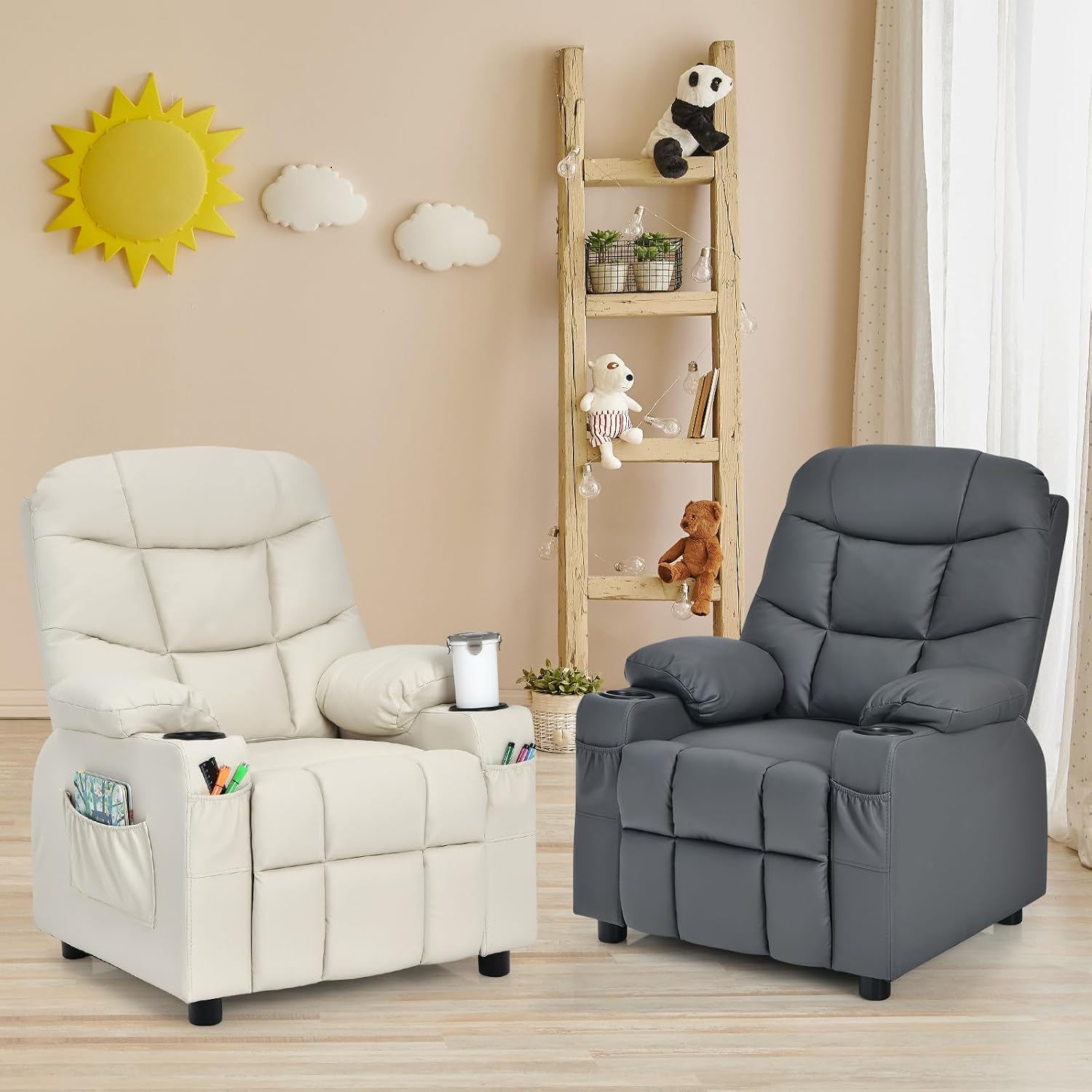 MAT EXPERT Kids Recliner, Leather Adjustable Reading Gaming Chair w/ 2 Cup Holder, 3 Side Pocket Storage & Footrest, Kids Couch Toddler Lounge Chair for Boys Girls, Kids Room Playroom Nursery (Beige)