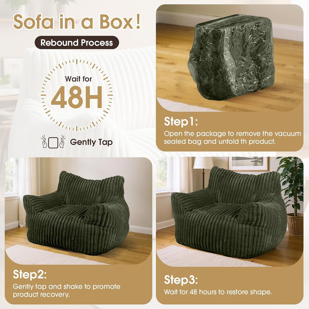 Giant Bean Bag Chair, Oversized Plush Comfy Bean Bag Sofa for Adults and Kids with Armrests, Memory Foam Mini Couch Single Lounges for Living Room, Bedroom & Game Room(Green)