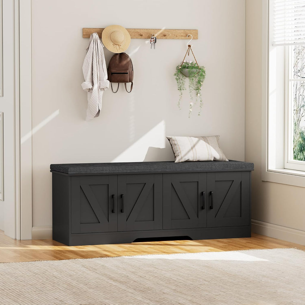 HOMSHO 2-Tier Storage Bench, 47.2' Wide Shoe Bench with Padded Seat Cushion, Entryway Bench with 4 Barn Doors and Adjustable Shelf, Black