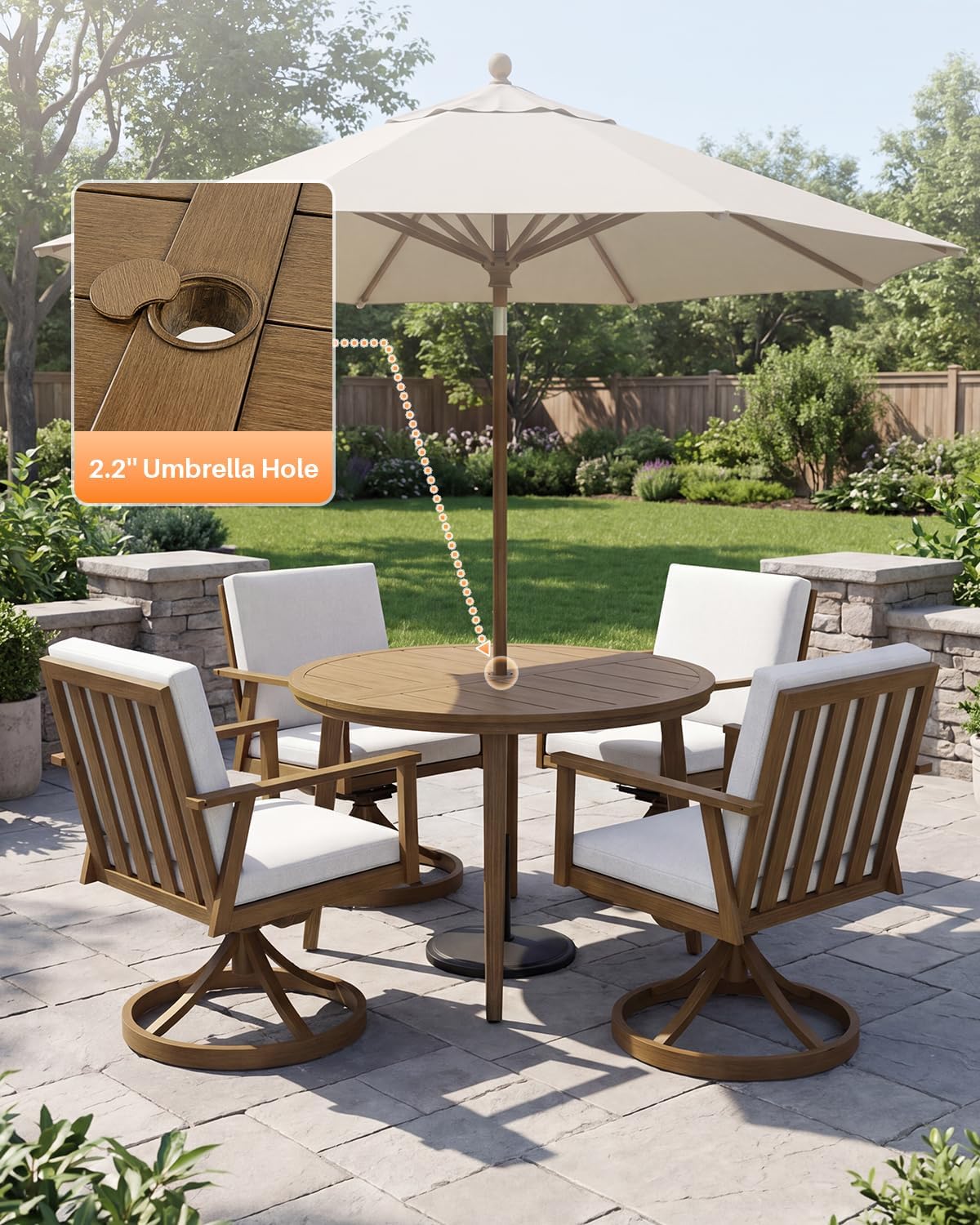 5-Piece Round Patio Swivel Dining Set, Aluminum Round Outdoor Dining Set with 4 Swivel Chairs, Patio Dining Table Set with Cushions, Never-Rust Outdoor Furniture Set for Pool, Deck, Lawn, Teak