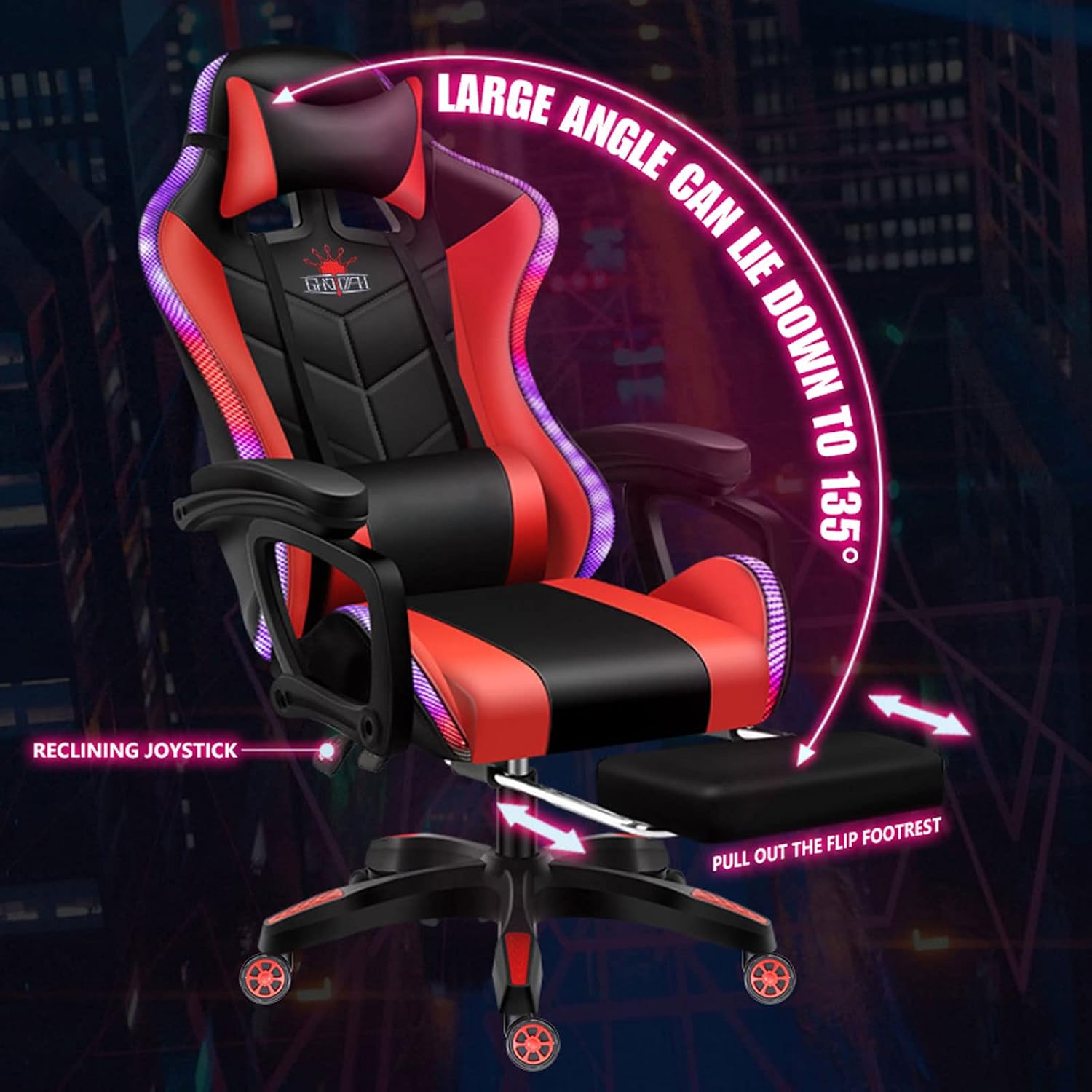 Gaming Chair with LED Light, Full Massage Gaming Chair with Speakers, Ergonomic Pro Computer Gaming Chairs for Adults with footrest Lumbar Support and Backrest Adjustable,B